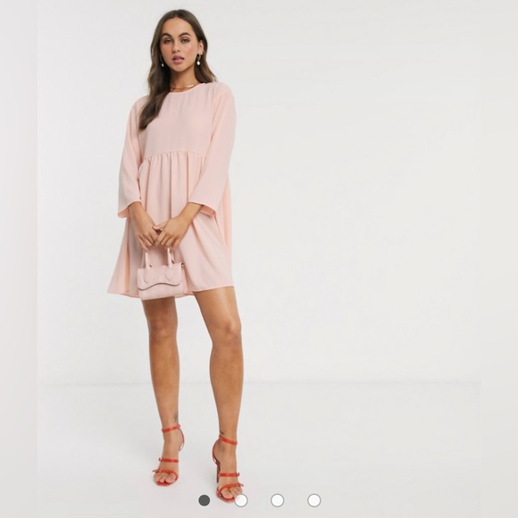 ASOS DESIGN long sleeve smock mini dress in blush - Picture 1 of 5